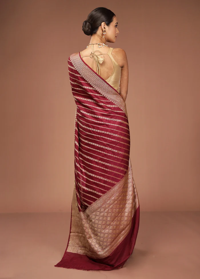 Maroon Dupion Silk Saree With Blouse Piece - Image 3