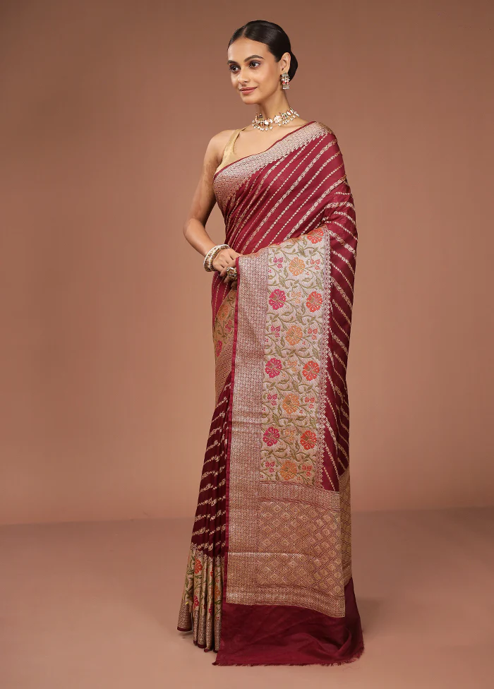 Maroon Dupion Silk Saree With Blouse Piece - Image 4