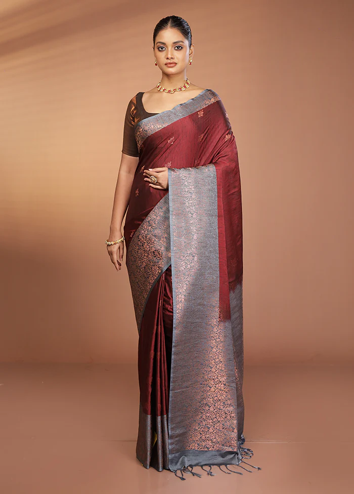 Maroon Dupion Silk Saree With Blouse Piece - Image 2