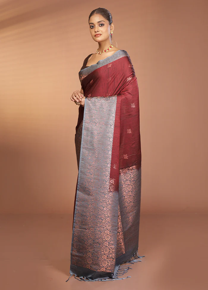 Maroon Dupion Silk Saree With Blouse Piece - Image 4
