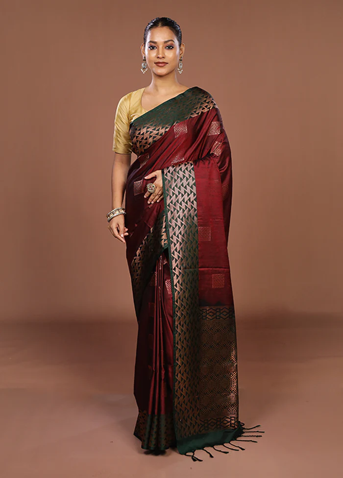 Maroon Dupion Silk Saree With Blouse Piece - Image 2