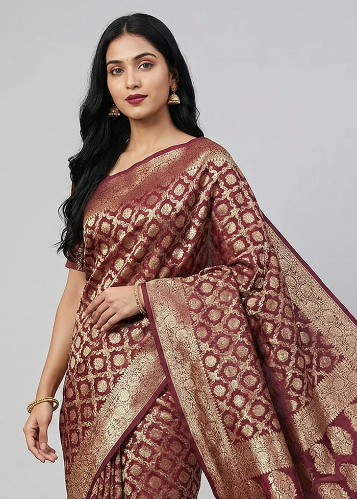 Maroon Dupion Silk Saree With Blouse Piece - Image 2