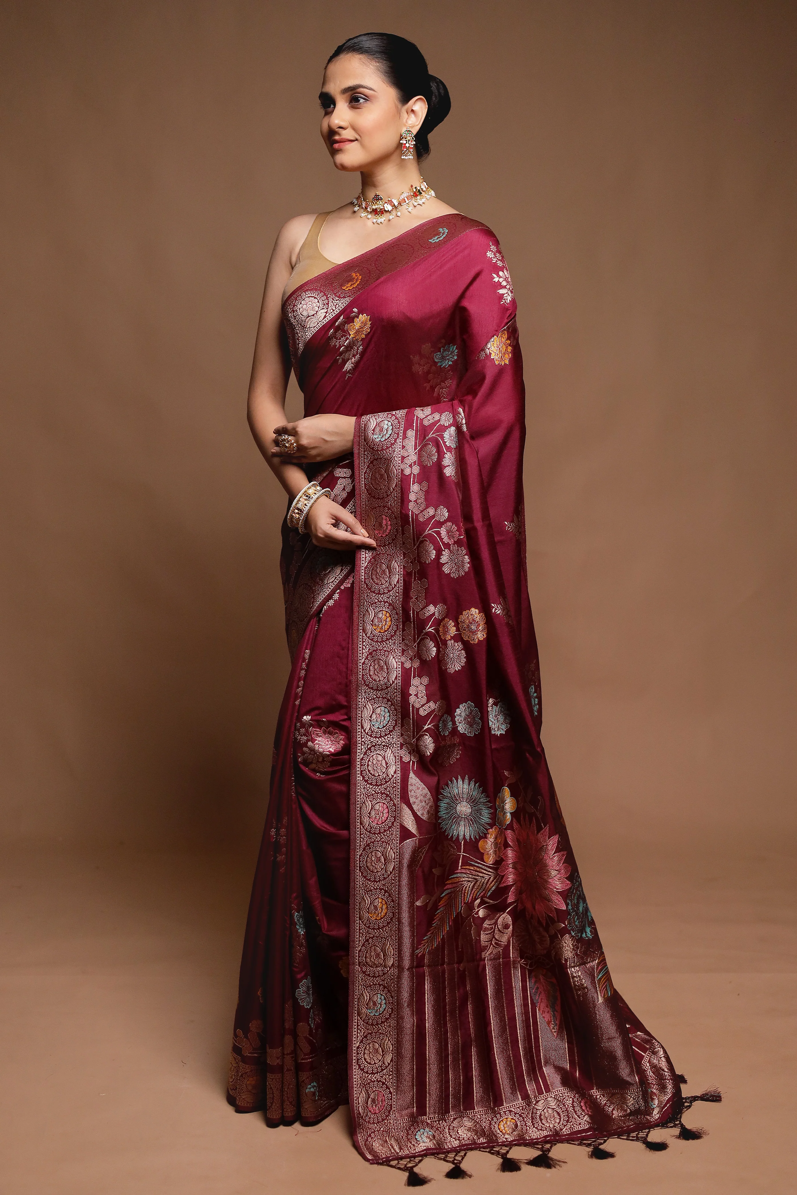 Maroon Dupion Silk Saree With Blouse Piece - Image 4