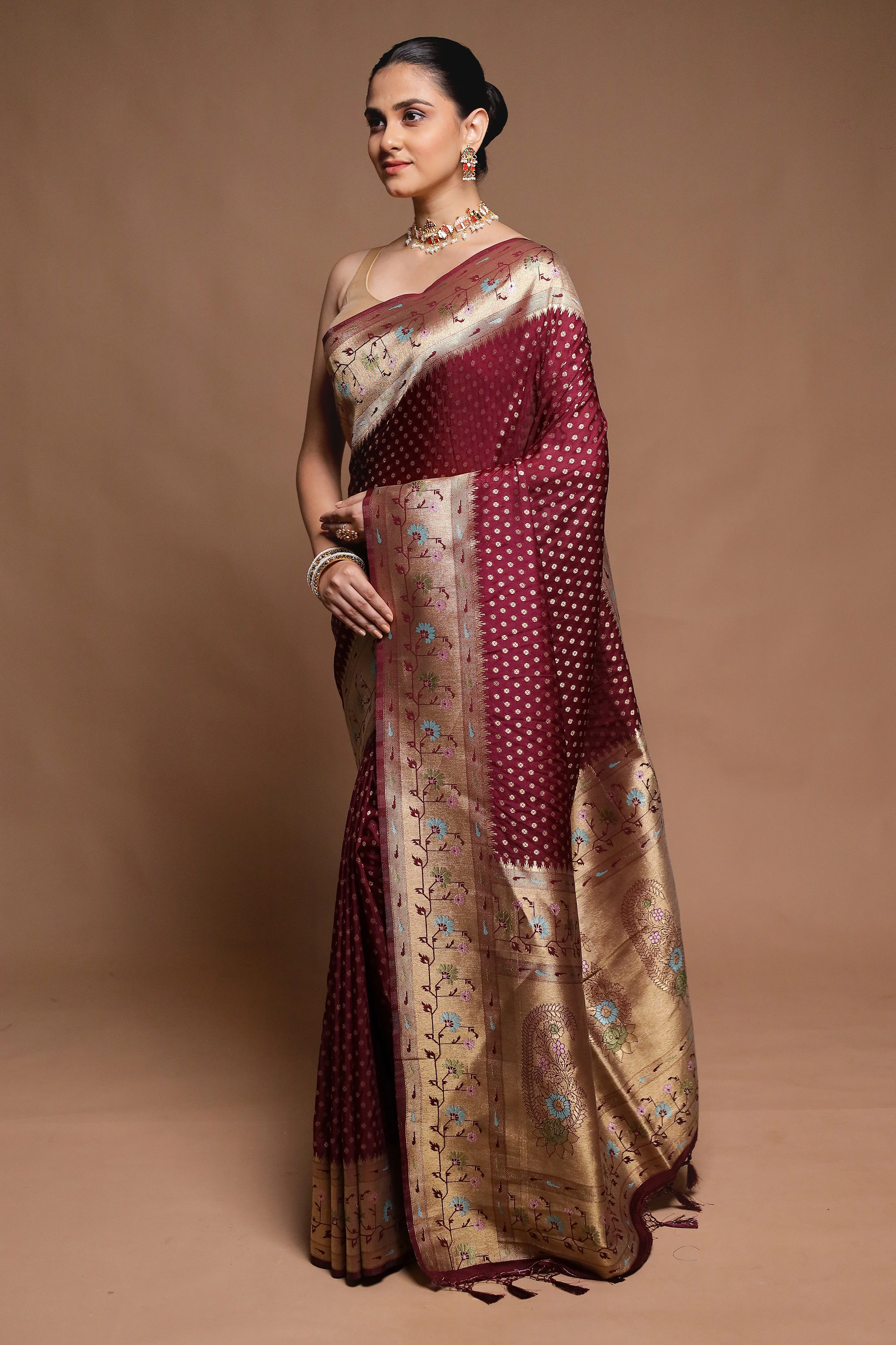 Maroon Dupion Silk Saree With Blouse Piece - Image 4