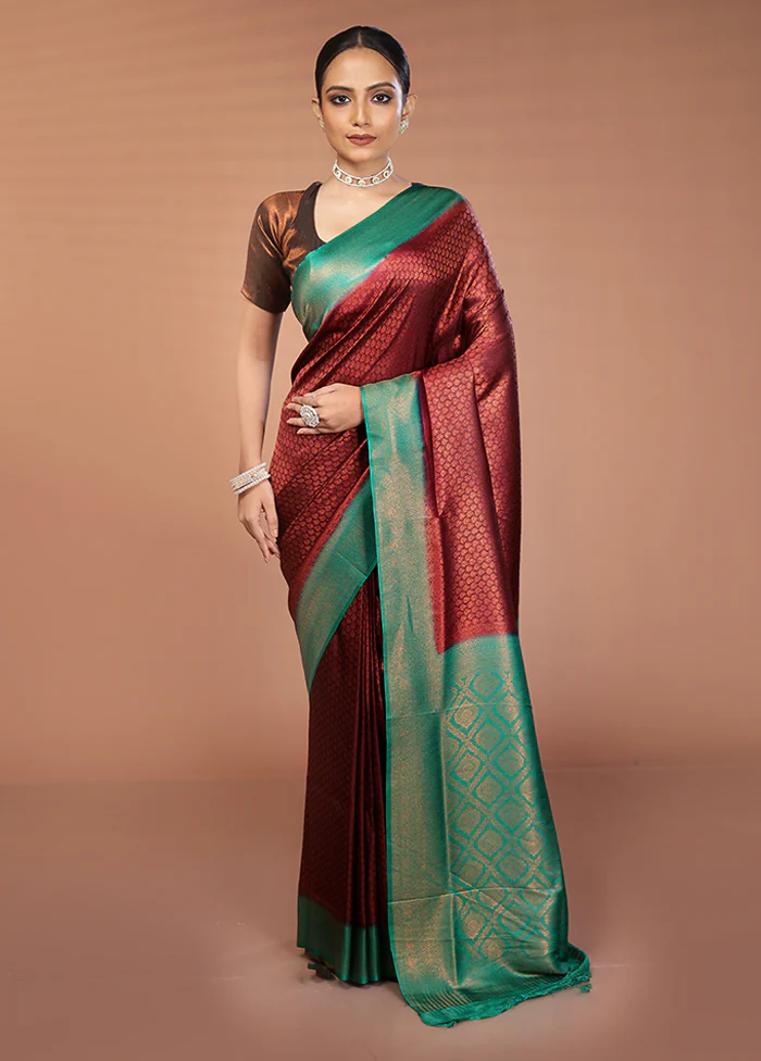 Maroon Dupion Silk Saree With Blouse Piece - Image 2