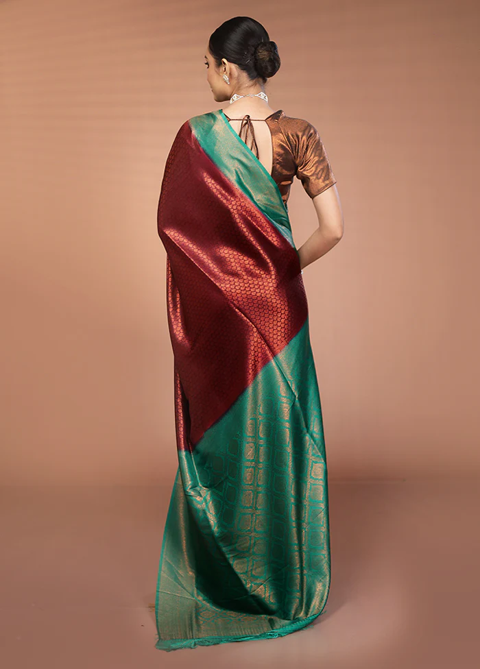 Maroon Dupion Silk Saree With Blouse Piece - Image 3