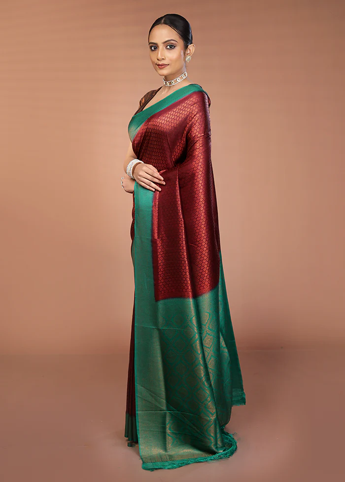 Maroon Dupion Silk Saree With Blouse Piece - Image 4