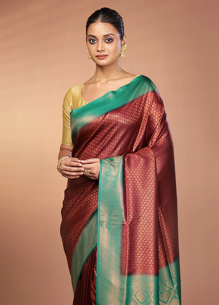 Maroon Dupion Silk Saree With Blouse Piece