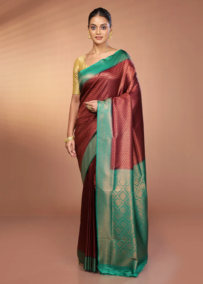 Maroon Dupion Silk Saree With Blouse Piece - Image 2