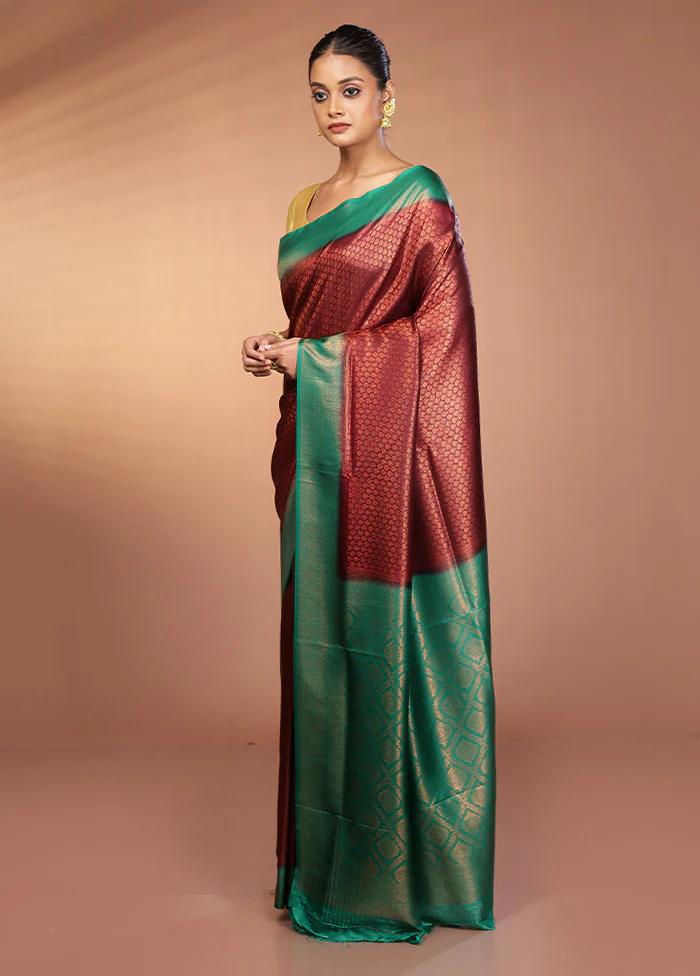 Maroon Dupion Silk Saree With Blouse Piece - Image 4