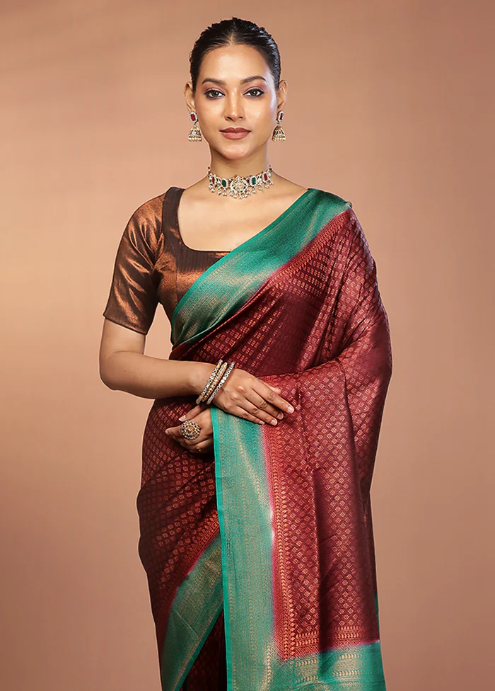Maroon Dupion Silk Saree With Blouse Piece