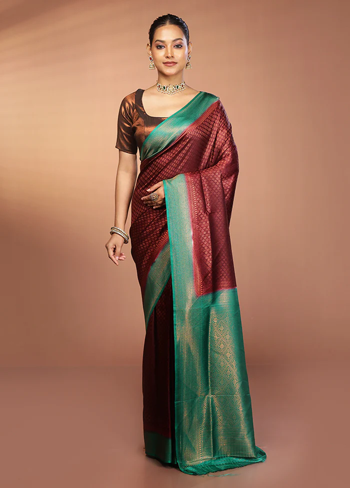 Maroon Dupion Silk Saree With Blouse Piece - Image 2