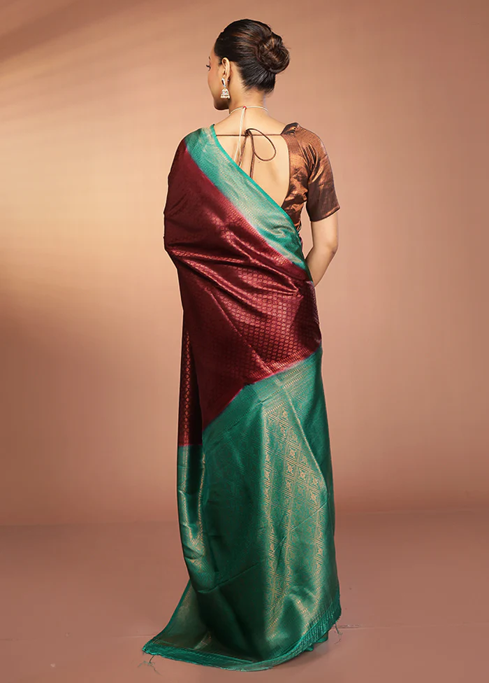 Maroon Dupion Silk Saree With Blouse Piece - Image 3