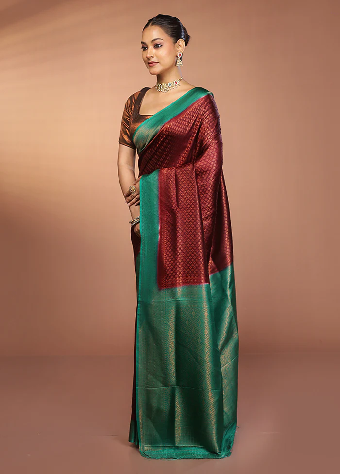 Maroon Dupion Silk Saree With Blouse Piece - Image 4