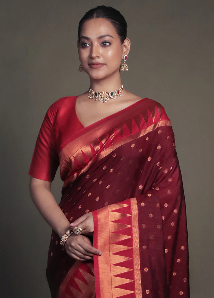 Maroon Dupion Silk Saree With Blouse Piece - Image 2