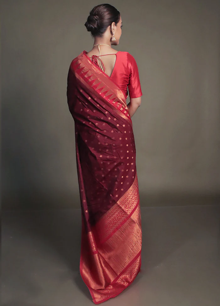 Maroon Dupion Silk Saree With Blouse Piece - Image 3
