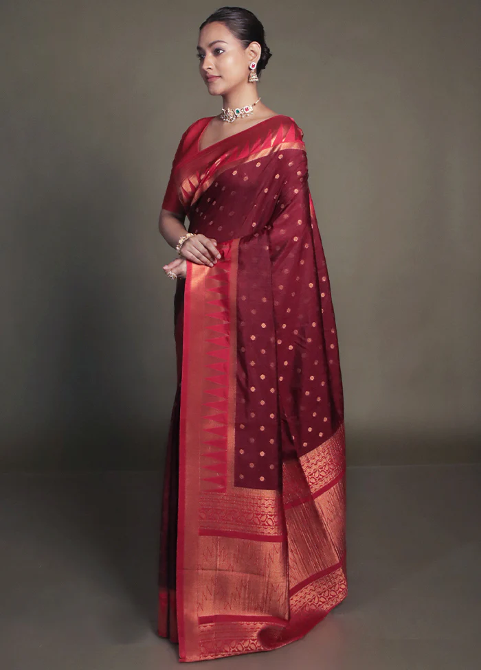 Maroon Dupion Silk Saree With Blouse Piece - Image 4