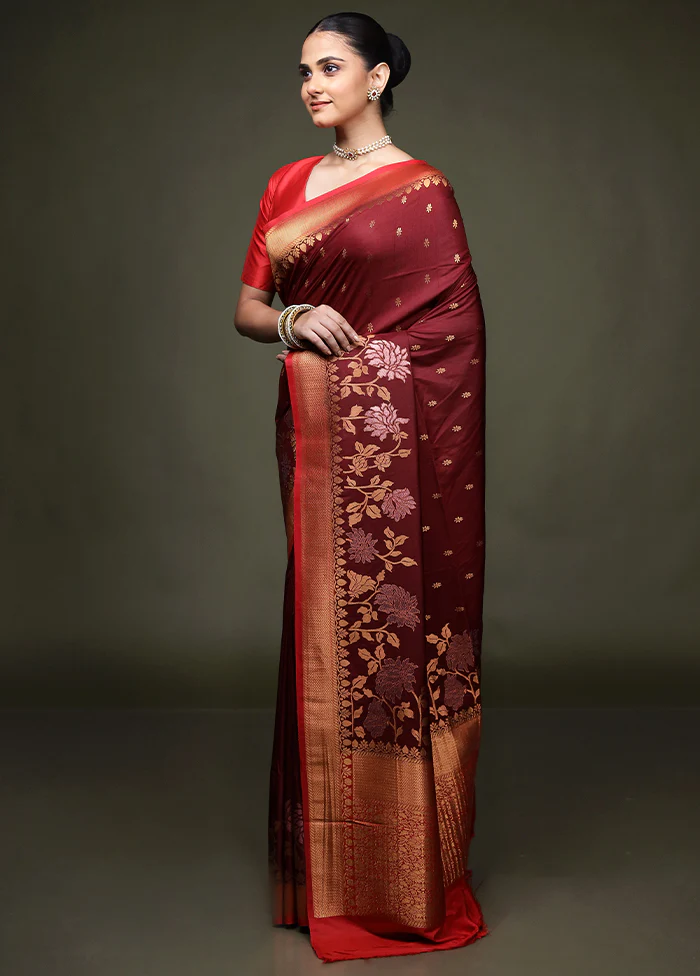 Maroon Dupion Silk Saree With Blouse Piece - Image 4