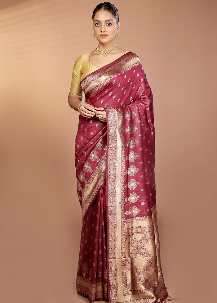 Maroon Dupion Silk Saree With Blouse Piece - Image 2