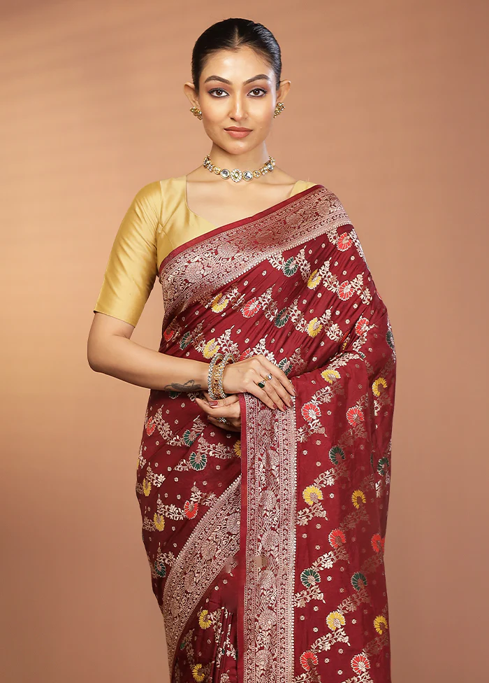 Maroon Dupion Silk Saree With Blouse Piece