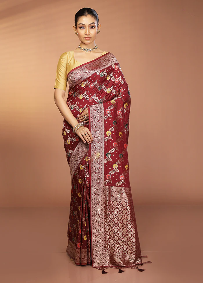 Maroon Dupion Silk Saree With Blouse Piece - Image 2