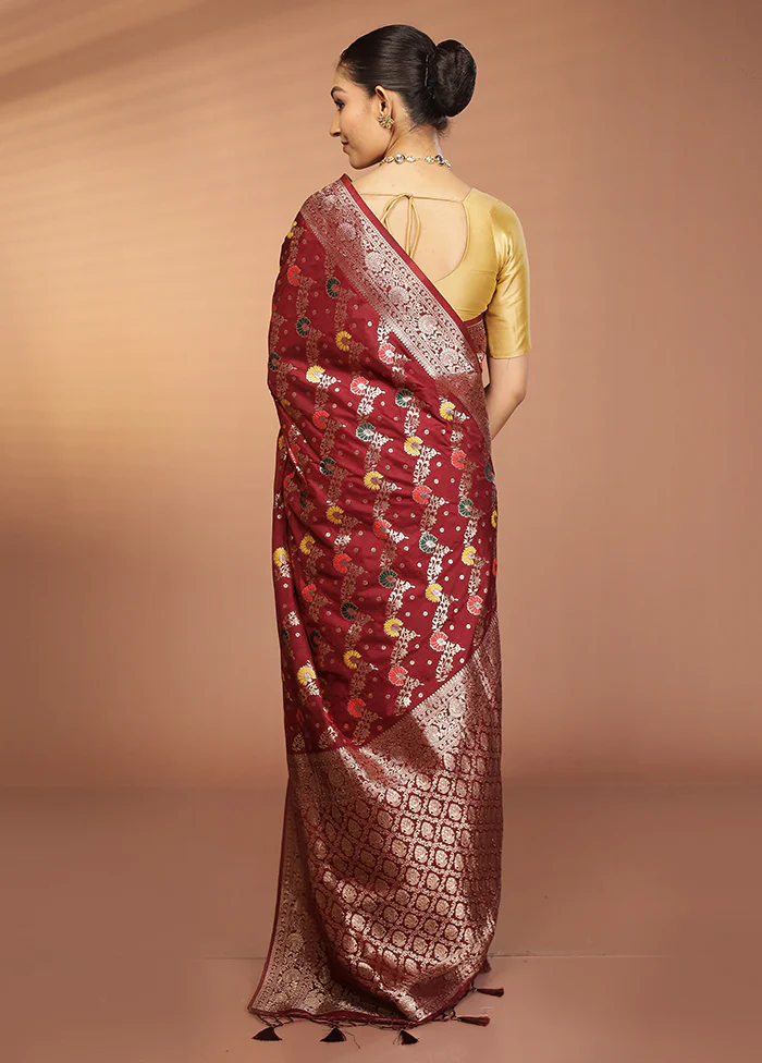 Maroon Dupion Silk Saree With Blouse Piece - Image 3