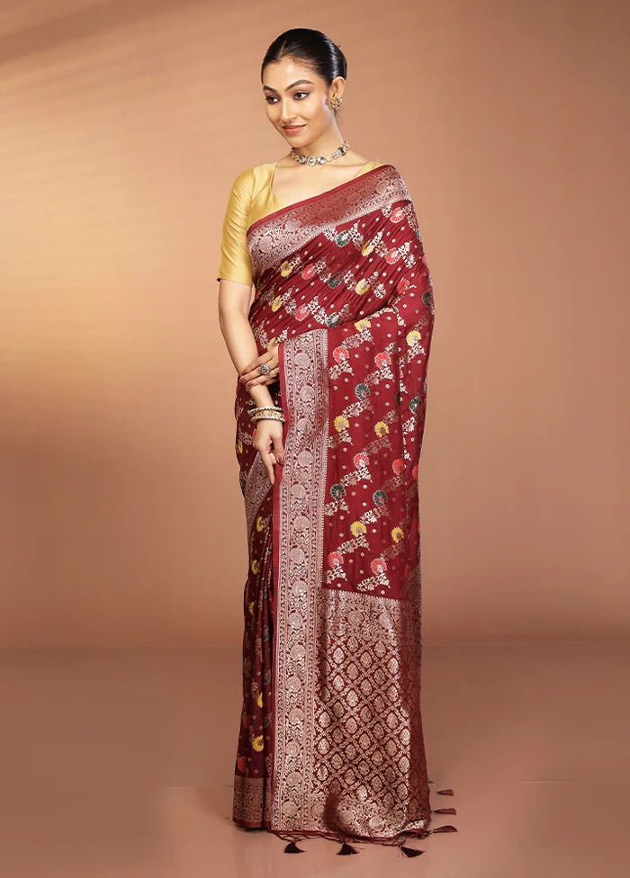 Maroon Dupion Silk Saree With Blouse Piece - Image 4