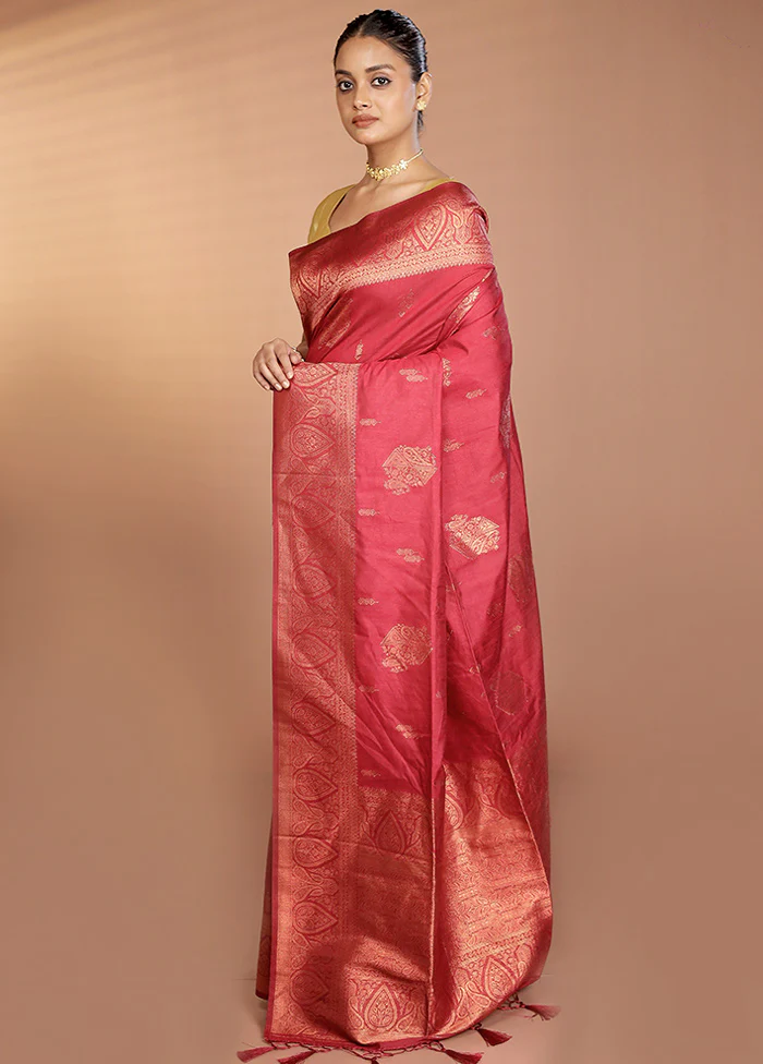 Maroon Dupion Silk Saree With Blouse Piece - Image 4
