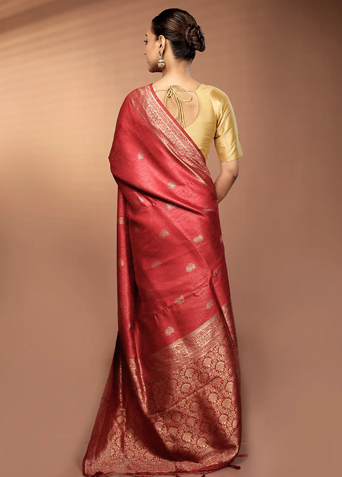 Maroon Dupion Silk Saree With Blouse Piece - Image 3