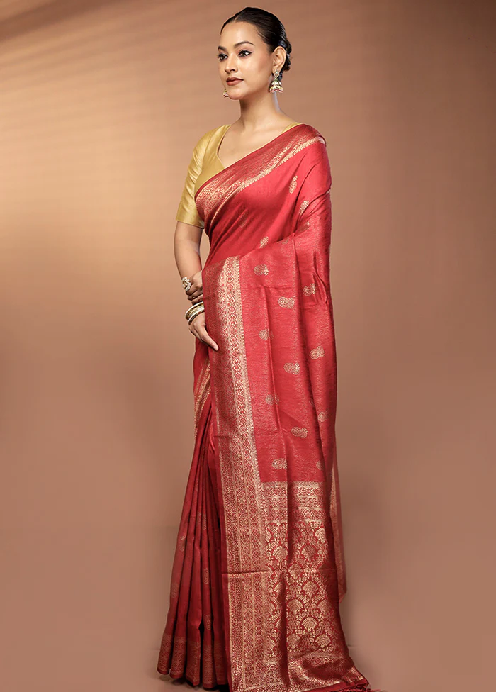 Maroon Dupion Silk Saree With Blouse Piece - Image 4