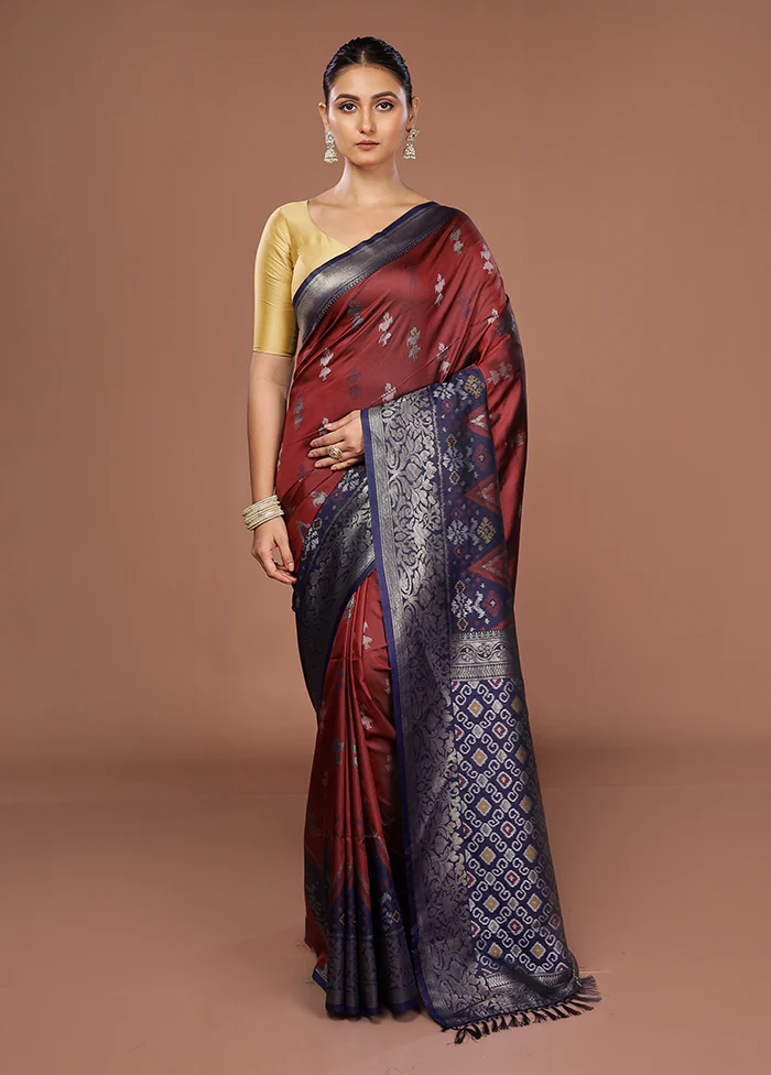 Maroon Dupion Silk Saree With Blouse Piece - Image 2