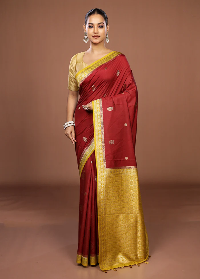 Maroon Dupion Silk Saree With Blouse Piece - Image 2