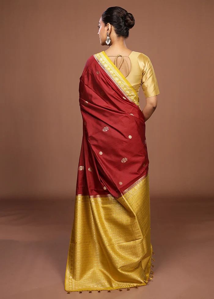Maroon Dupion Silk Saree With Blouse Piece - Image 3