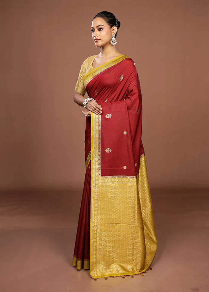 Maroon Dupion Silk Saree With Blouse Piece - Image 4
