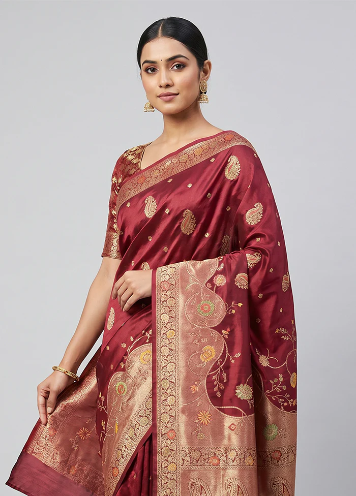 Maroon Dupion Silk Saree With Blouse Piece - Image 2