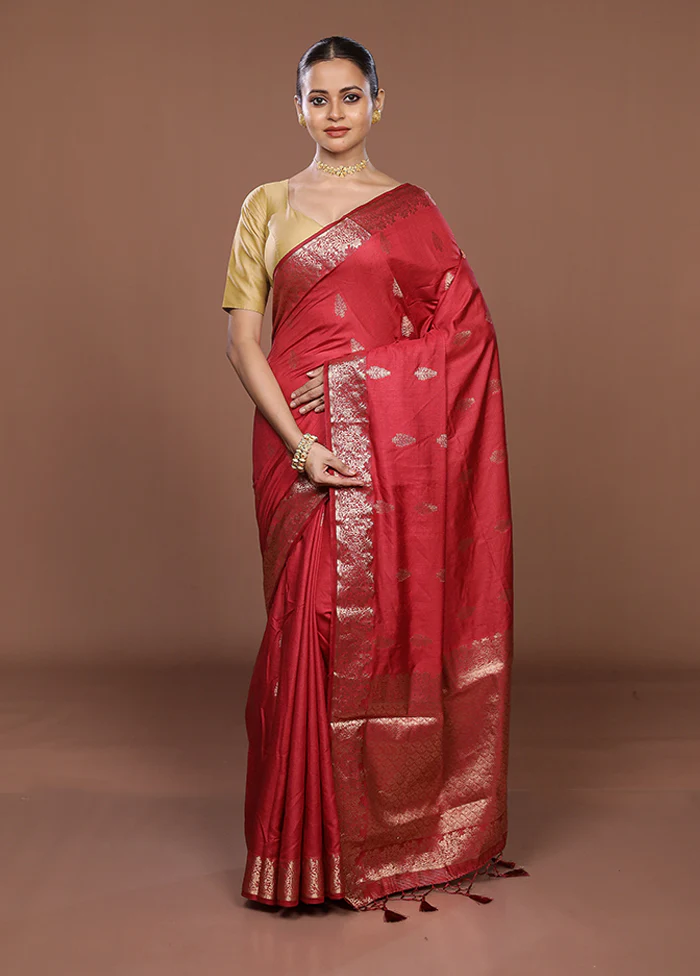 Maroon Dupion Silk Saree With Blouse Piece - Image 2