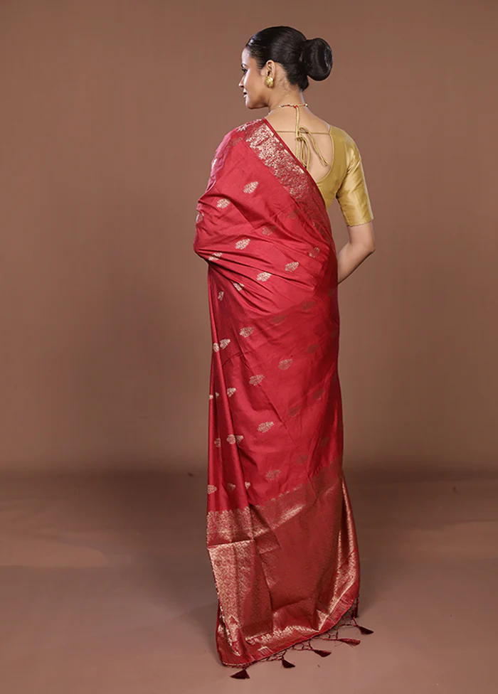 Maroon Dupion Silk Saree With Blouse Piece - Image 3