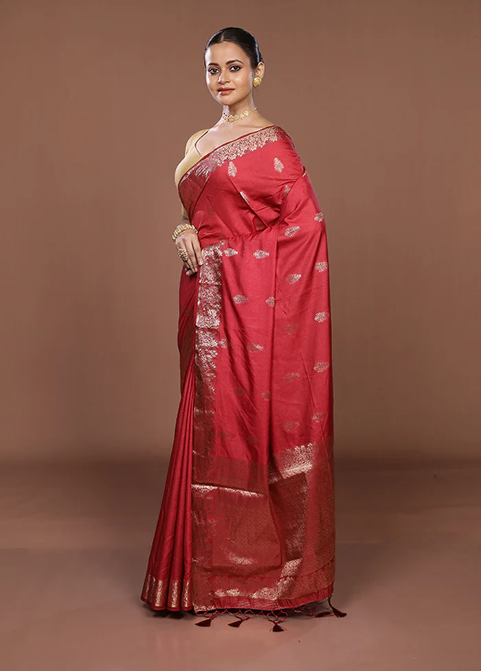 Maroon Dupion Silk Saree With Blouse Piece - Image 4