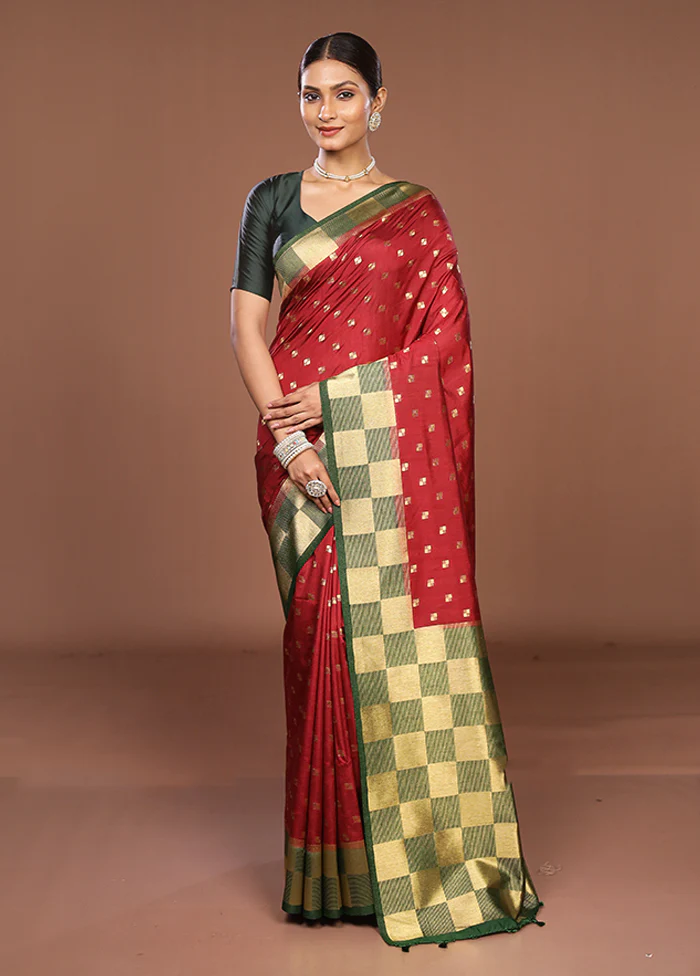 Maroon Dupion Silk Saree With Blouse Piece - Image 2