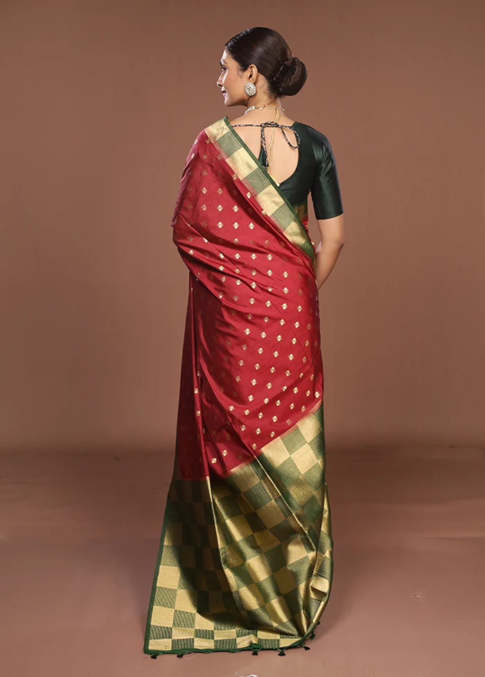 Maroon Dupion Silk Saree With Blouse Piece - Image 3