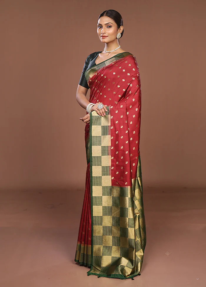 Maroon Dupion Silk Saree With Blouse Piece - Image 4
