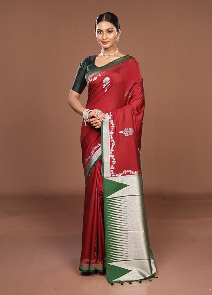 Maroon Dupion Silk Saree With Blouse Piece - Image 2