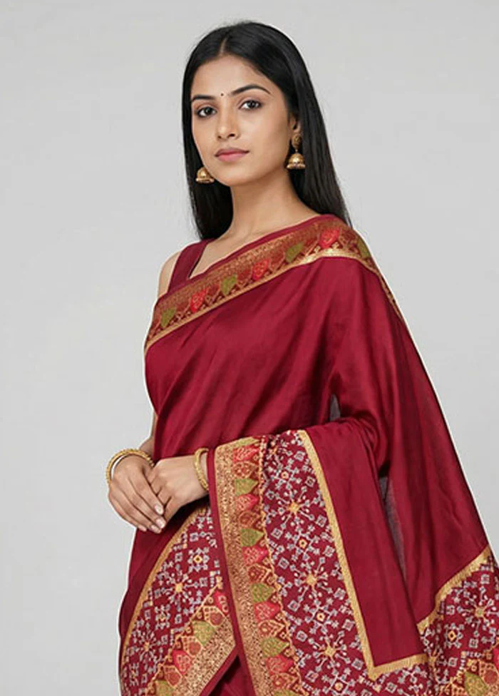 Maroon Dupion Silk Saree With Blouse Piece - Image 2
