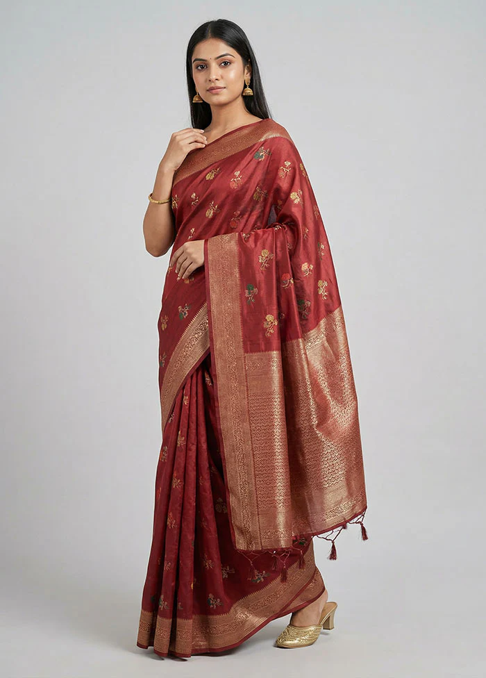 Maroon Dupion Silk Saree With Blouse Piece