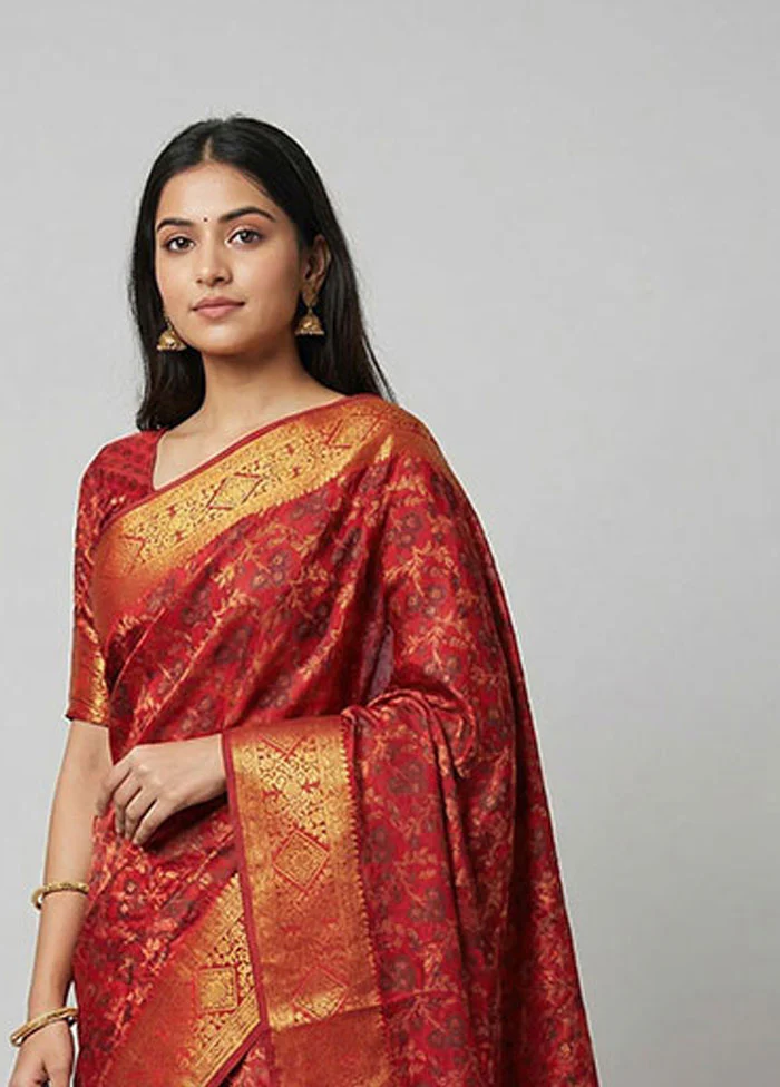 Maroon Dupion Silk Saree With Blouse Piece - Image 2