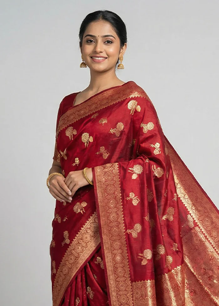Maroon Dupion Silk Saree With Blouse Piece - Image 2