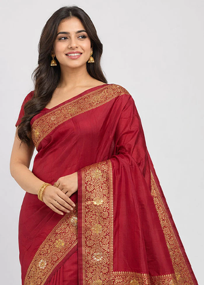 Maroon Dupion Silk Saree With Blouse Piece - Image 2