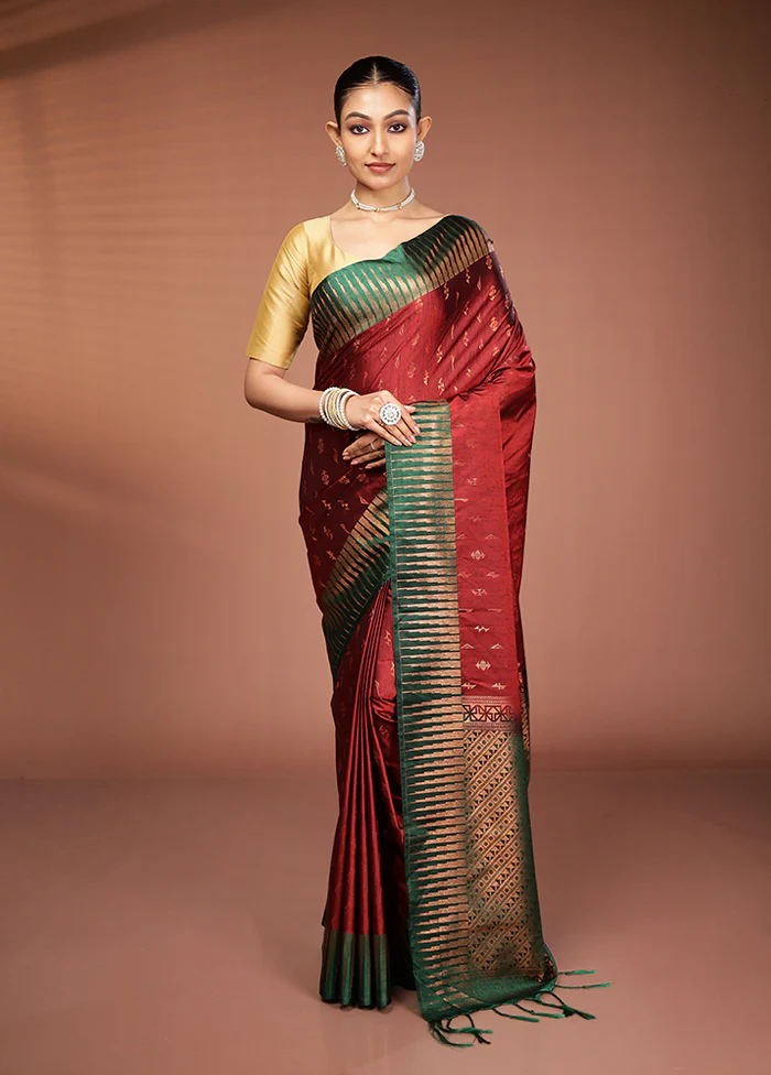 Maroon Dupion Silk Saree With Blouse Piece - Image 2