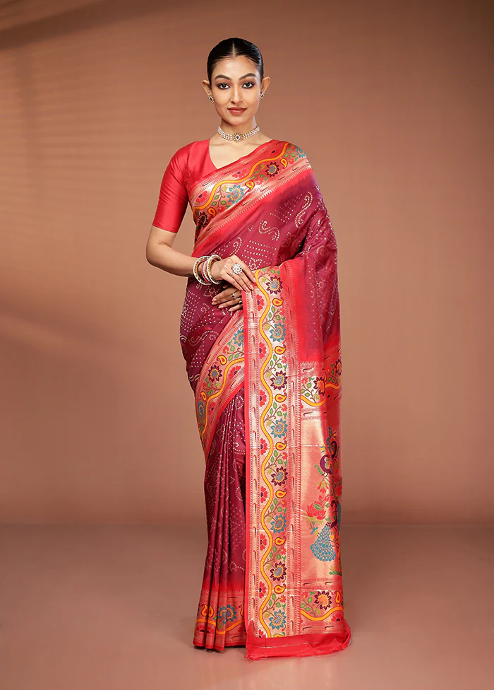 Maroon Dupion Silk Saree With Blouse Piece - Image 2