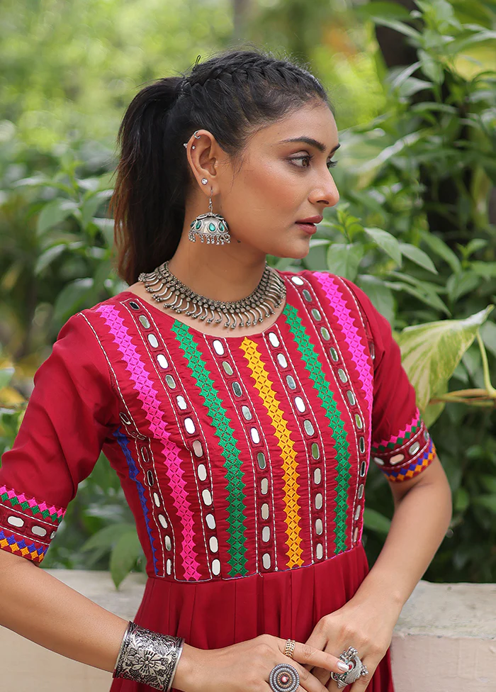 Maroon Embroidery Work Silk Gown - Image 2